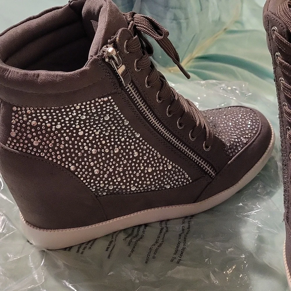 Kailani Wedge High-Top Sneakers with Rhinestone Detail - Grey